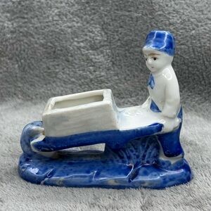 Vintage Japan Porcelain Boy Wheelbarrow Toothpick Holder Blue White Figurine
